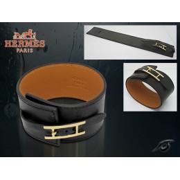 Hermes Fleuron Large Leather Black Bracelet With Gold